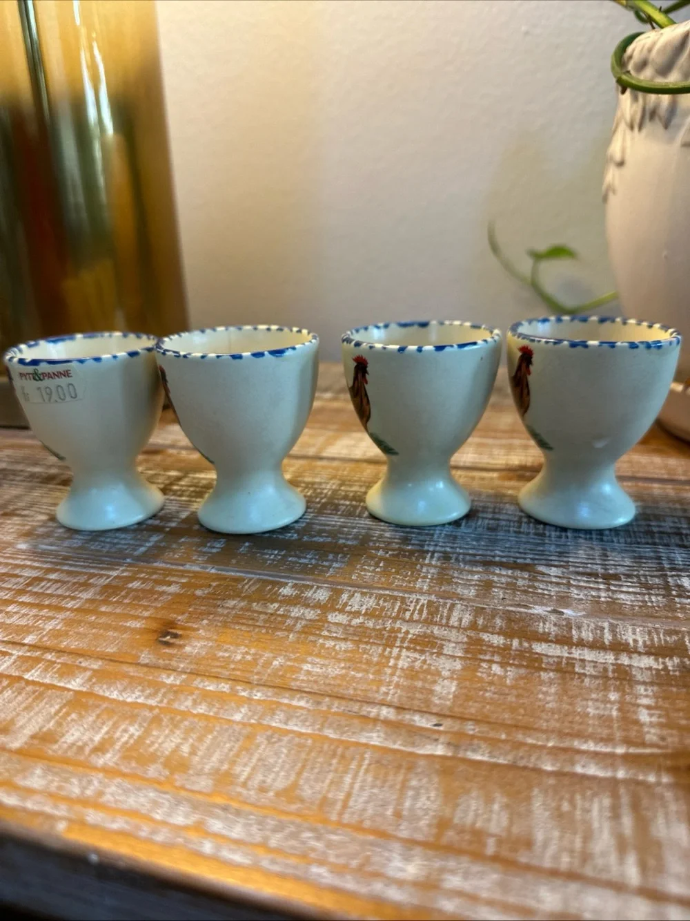 Vintage Ceramic Egg Cups Hand-painted Rooster Design Blue Sponged Rim Easter